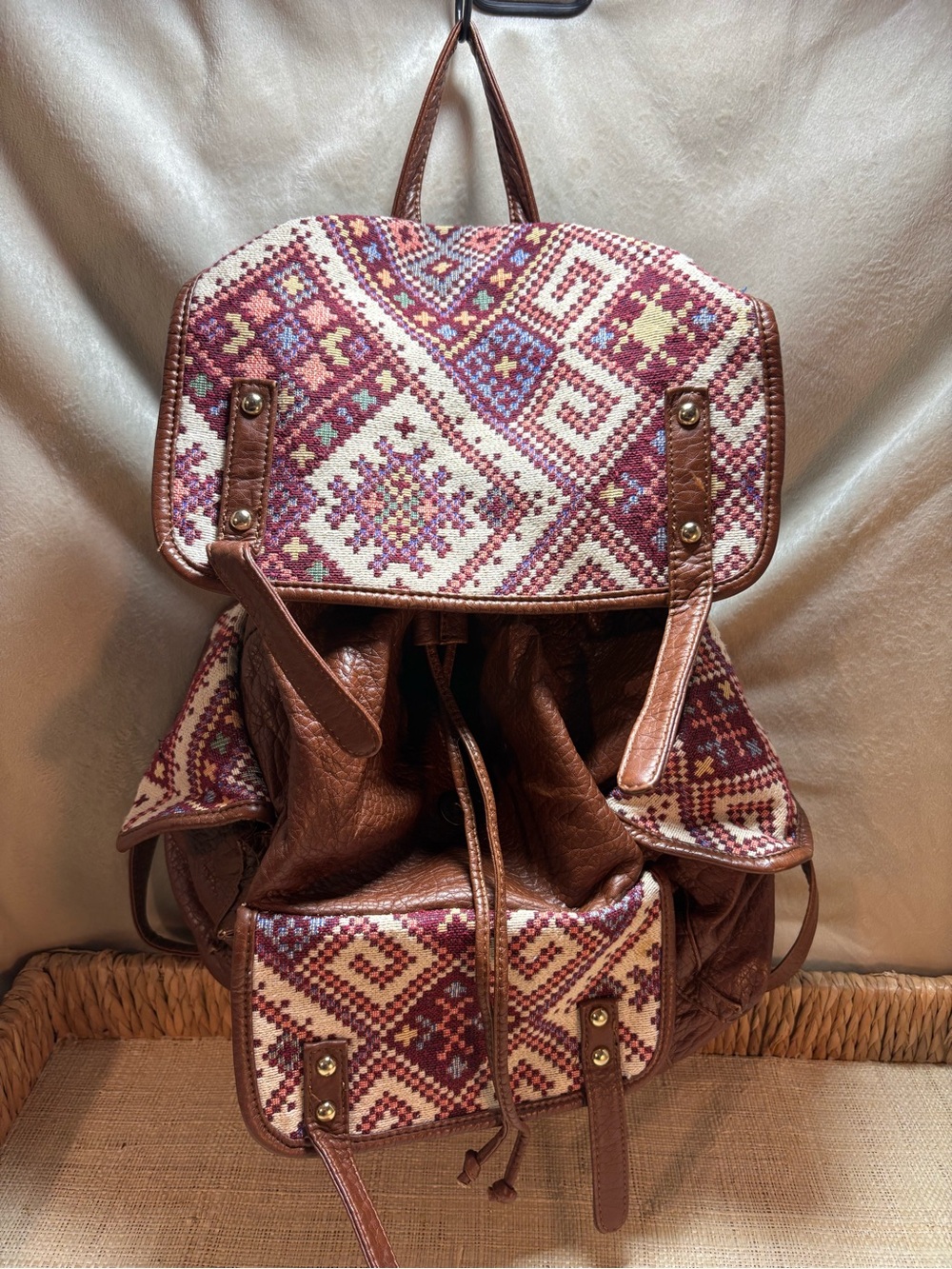 Under One Sky Boho Tapestry Drawstring Backpack Brown Faux Leather Festival Bag